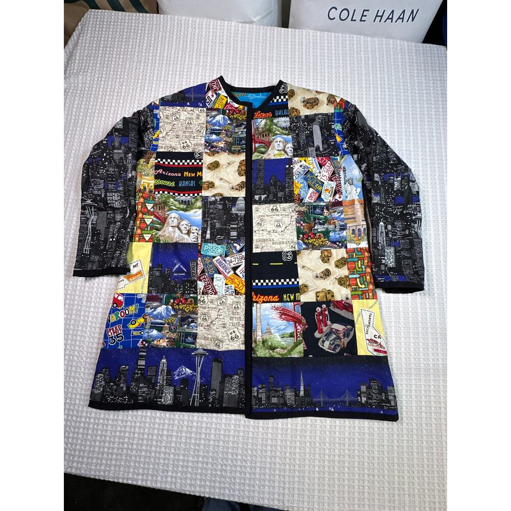 Handmade Quilt Jacket Route 66 Americana Travel Patchwork OOAK Size XL